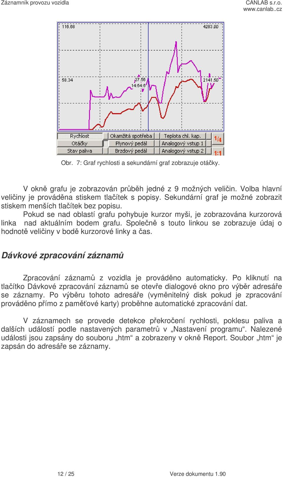 Spolen s touto linkou se zobrazuje údaj o hodnot veliiny v bod kurzorové linky a as. Dávkové zpracování záznam Zpracování záznam z vozidla je provádno automaticky.