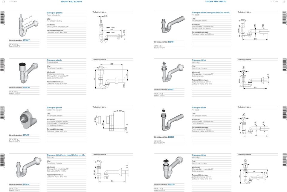 Dodává se s těsněním Odtoková trubka: ø 50 mm Sifon pro bidet Pro bidety Pro připojení bidetu : ø 60 mm 3 838912 140227 Identifikační kód: 196030 Váha: 249 g Balení: 35/SPV Identifikační kód: 195537