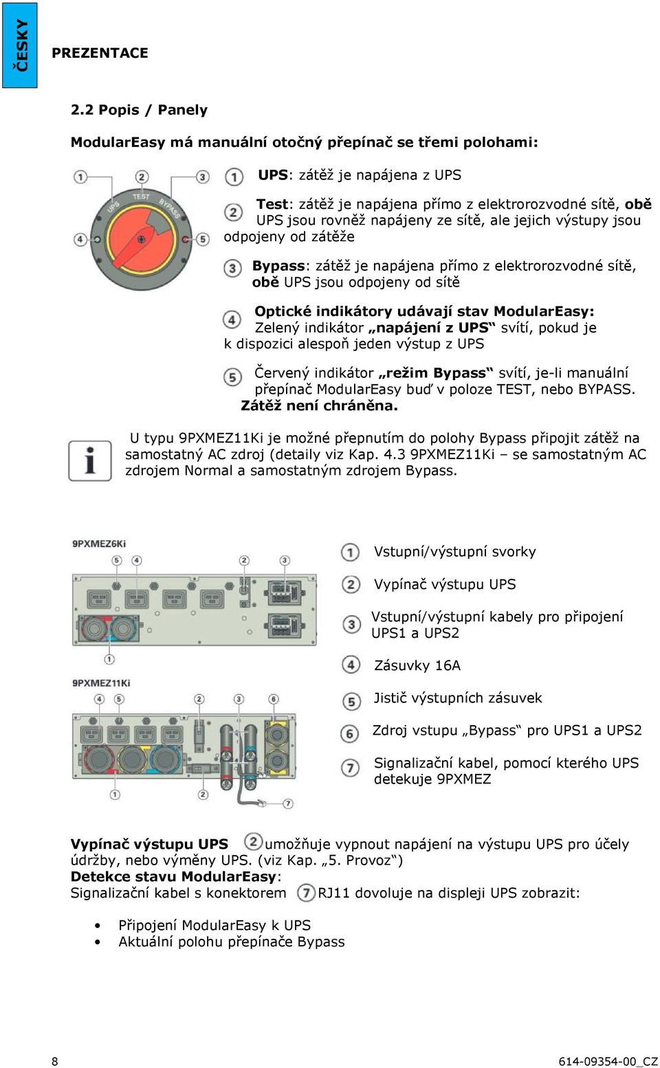 ale jejich výstupy jsou odpojeny od zátěže Bypass: zátěž je napájena přímo z elektrorozvodné sítě, obě UPS jsou odpojeny od sítě Optické indikátory udávají stav ModularEasy: Zelený indikátor napájení