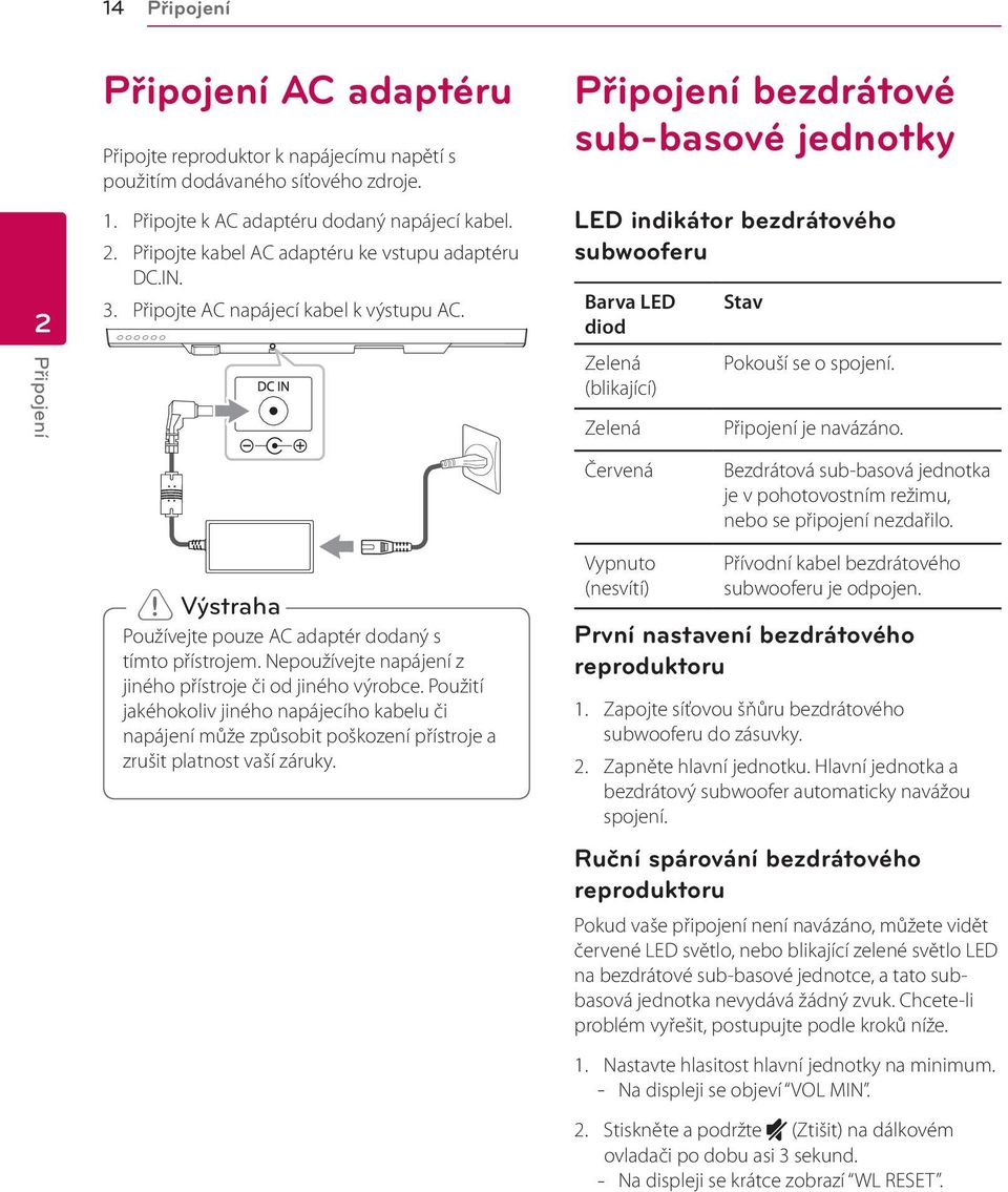 Připojení je navázáno. Červená Bezdrátová sub-basová jednotka je v pohotovostním režimu, nebo se připojení nezdařilo. > > Výstraha Používejte pouze AC adaptér dodaný s tímto přístrojem.