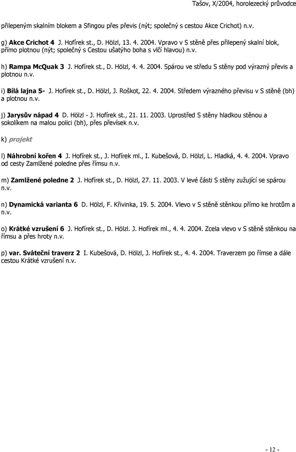 Spárou ve středu S stěny pod výrazný převis a plotnou i) Bílá lajna 5- J. Hofírek st., D. Hölzl, J. Roškot, 22. 4. 2004. Středem výrazného převisu v S stěně (bh) a plotnou j) Jarysův nápad 4 D.