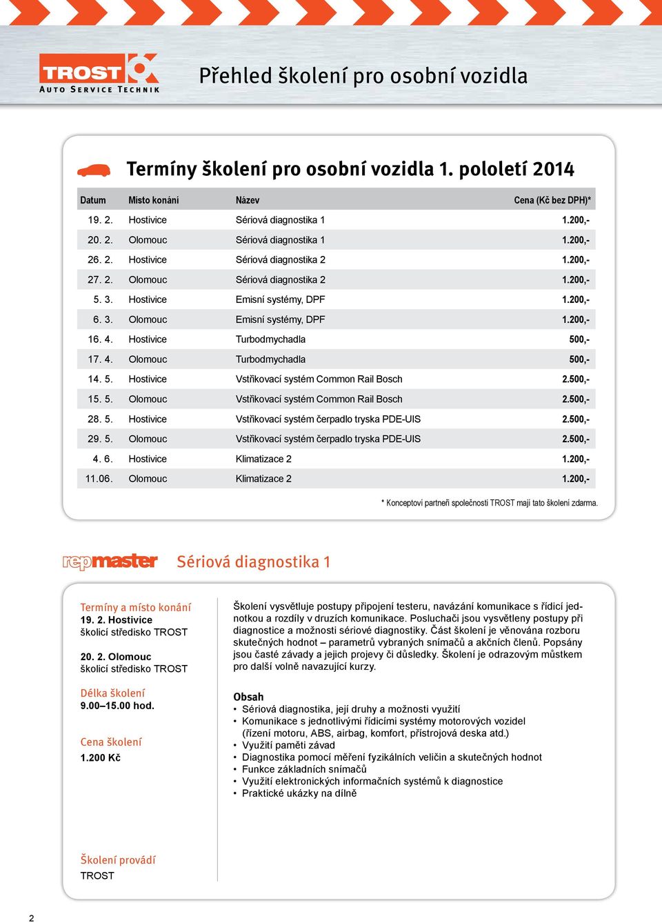 Hostivice Turbodmychadla 500,- 17. 4. Olomouc Turbodmychadla 500,- 14. 5. Hostivice Vstřikovací systém Common Rail Bosch 2.500,- 15. 5. Olomouc Vstřikovací systém Common Rail Bosch 2.500,- 28. 5. Hostivice Vstřikovací systém čerpadlo tryska PDE-UIS 2.