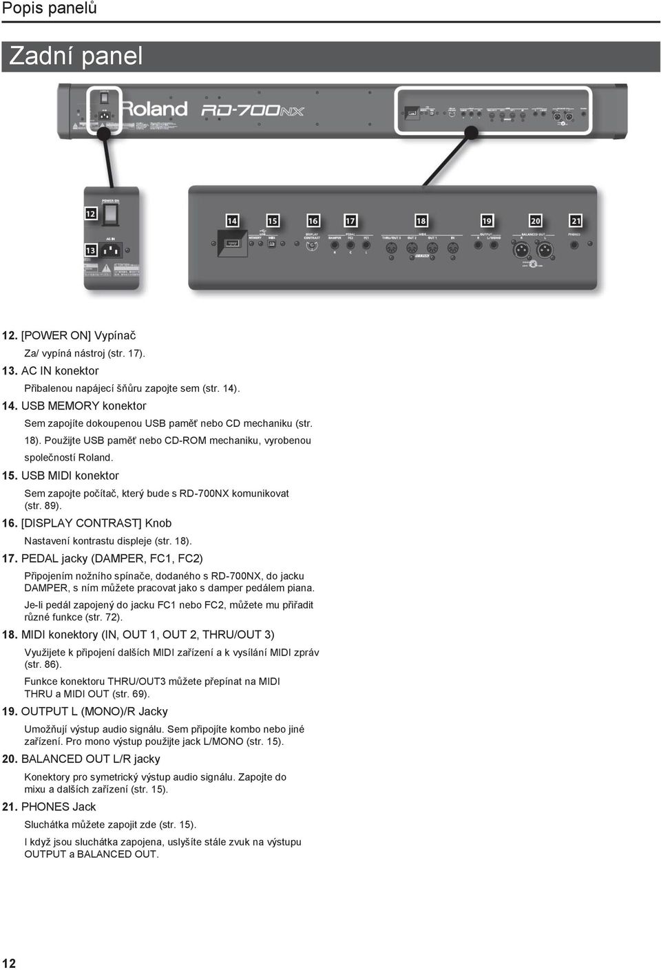USB MIDI konektor Sem zapojte počítač, který bude s RD-700NX komunikovat (str. 89). 16. [DISPLAY CONTRAST] Knob Nastavení kontrastu displeje (str. 18). 17.