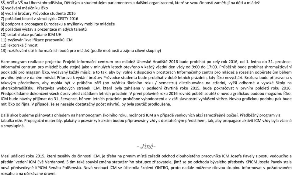 11) zvyšování kvalifikace pracovníků ICM 12) lektorská činnost 13) rozšiřování sítě Informačních bodů pro mládež (podle možností a zájmu cílové skupiny) Harmonogram realizace projektu: Projekt