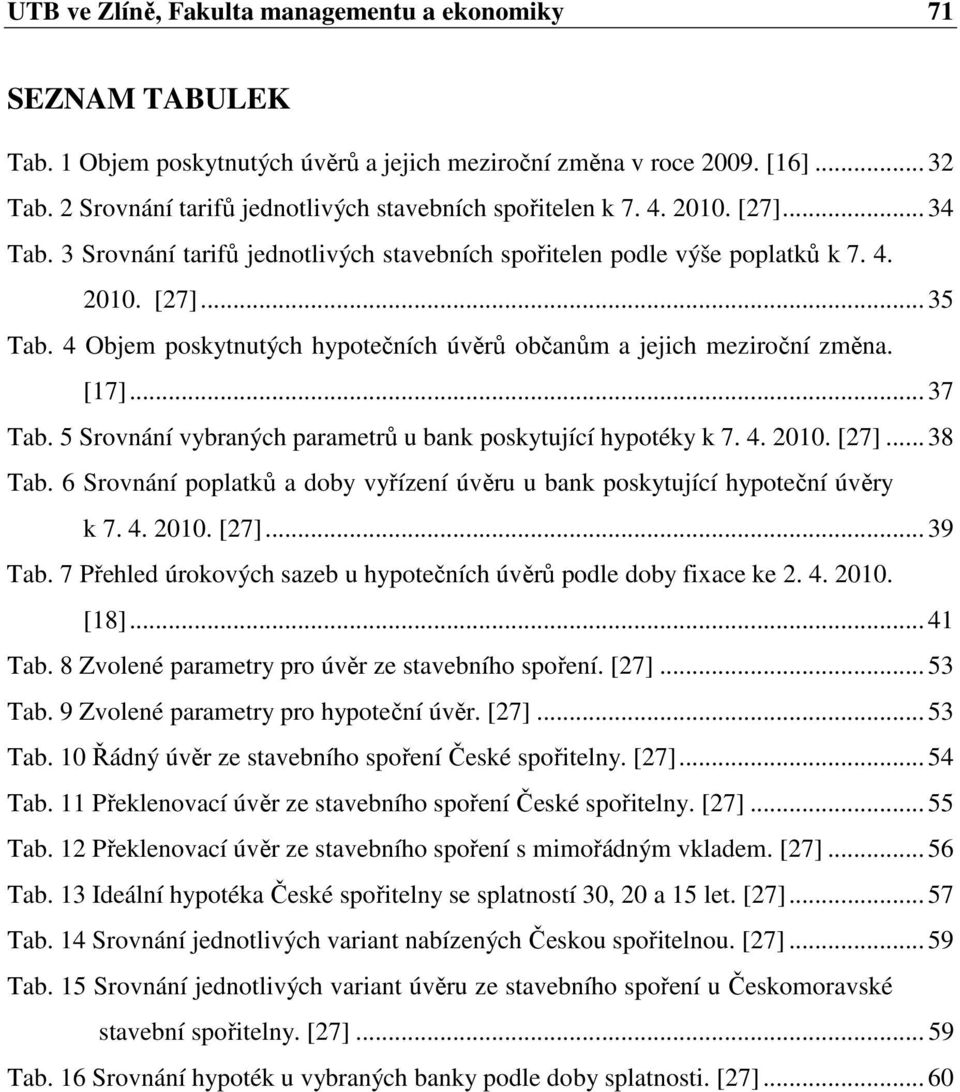 4 Objem poskytnutých hypotečních úvěrů občanům a jejich meziroční změna. [17]... 37 Tab. 5 Srovnání vybraných parametrů u bank poskytující hypotéky k 7. 4. 2010. [27]... 38 Tab.