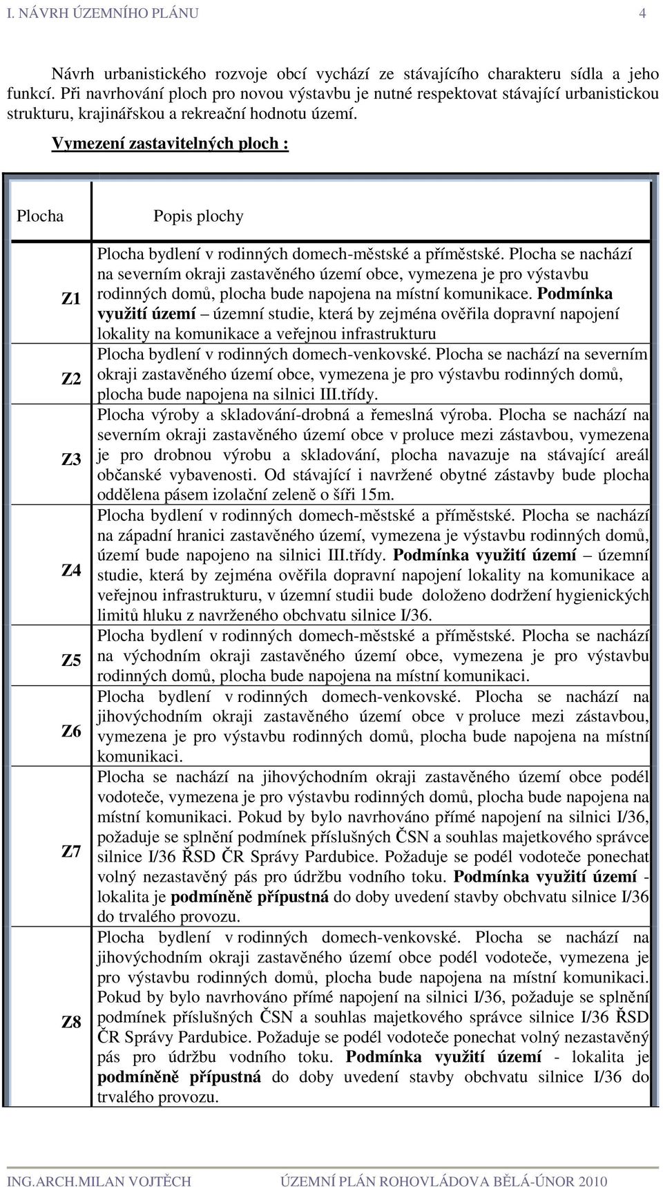 Vymezení zastavitelných ploch : Plocha Z1 Z2 Z3 Z4 Z5 Z6 Z7 Z8 Popis plochy Plocha bydlení v rodinných domech-městské a příměstské.