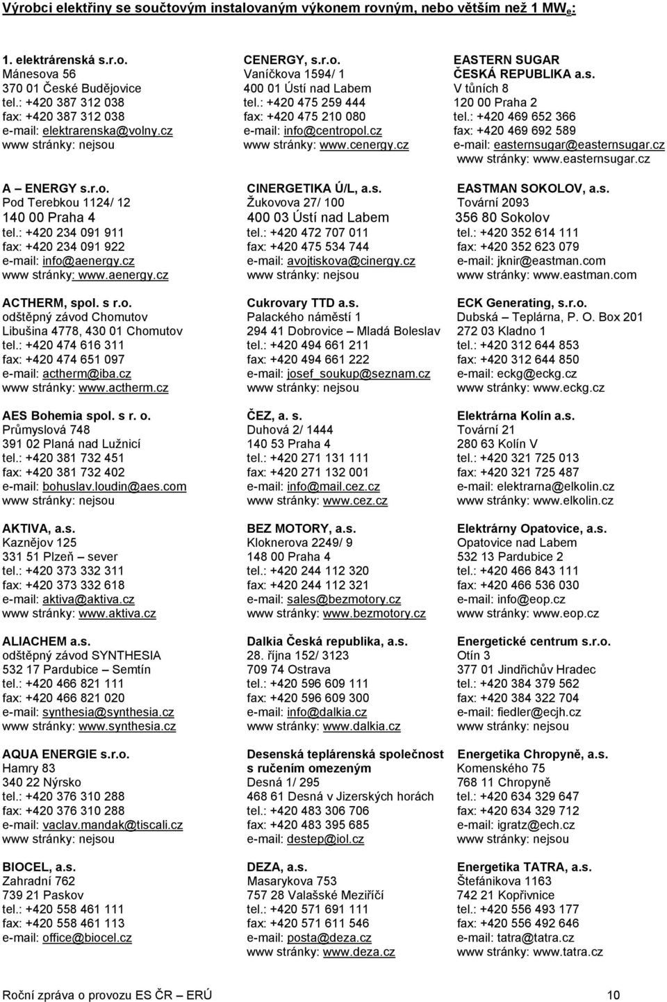 cz fax: +420 469 692 589 www stránky: nejsou www stránky: www.cenergy.cz e-mail: easternsugar@easternsugar.cz www stránky: www.easternsugar.cz A ENERGY s.r.o. CINERGETIKA Ú/L, a.s. EASTMAN SOKOLOV, a.