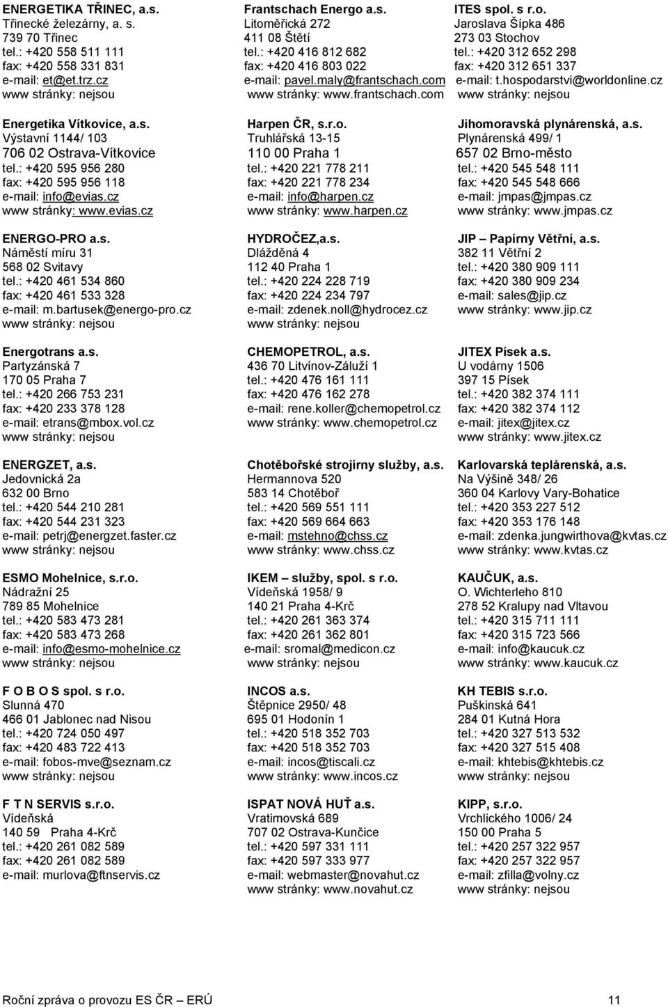 cz www stránky: nejsou www stránky: www.frantschach.com www stránky: nejsou Energetika Vítkovice, a.s. Harpen ČR, s.r.o. Jihomoravská plynárenská, a.s. Výstavní 1144/ 103 Truhlářská 13-15 Plynárenská 499/ 1 706 02 Ostrava-Vítkovice 110 00 Praha 1 657 02 Brno-město tel.