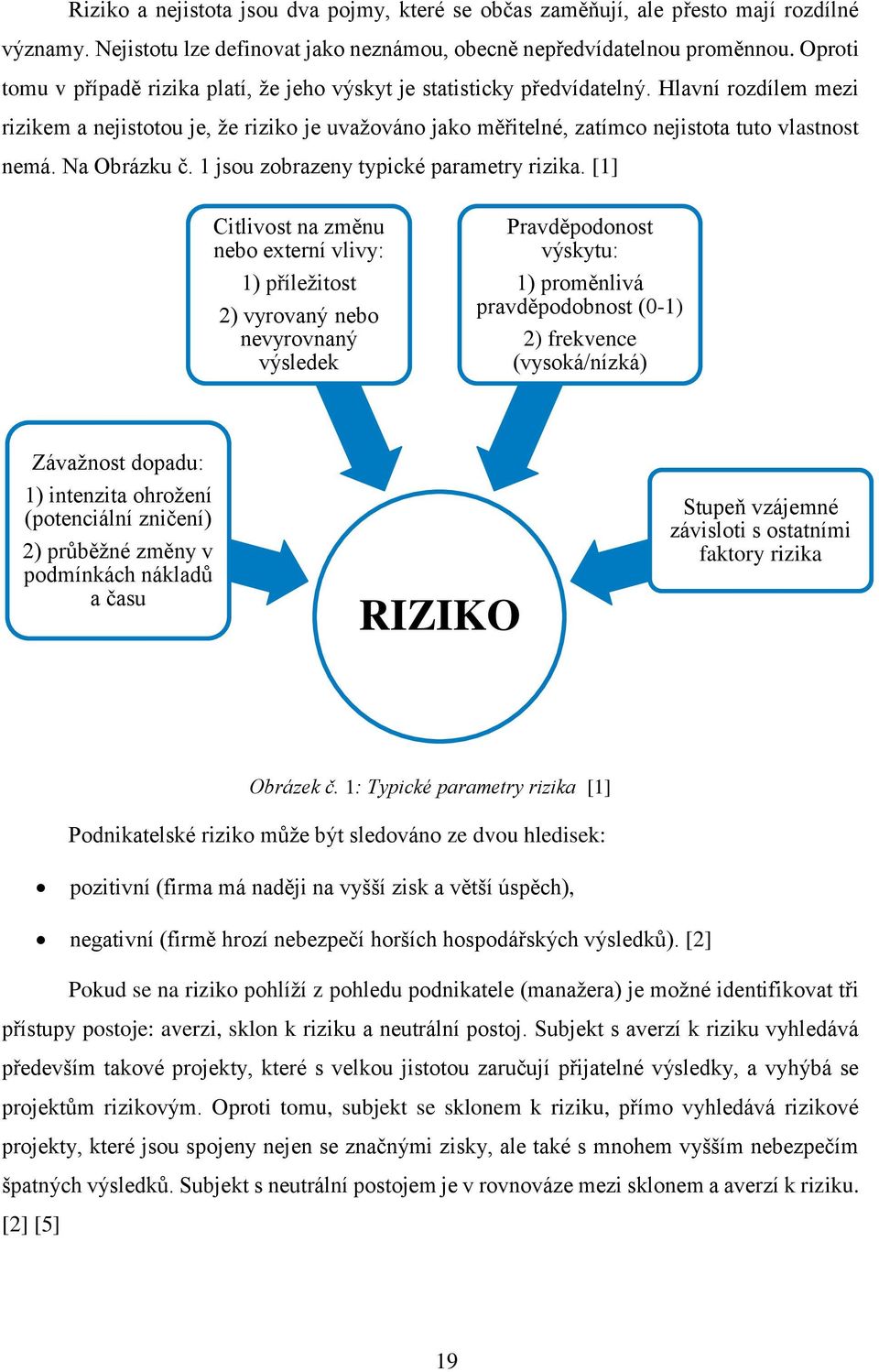 Hlavní rozdílem mezi rizikem a nejistotou je, že riziko je uvažováno jako měřitelné, zatímco nejistota tuto vlastnost nemá. Na Obrázku č. 1 jsou zobrazeny typické parametry rizika.