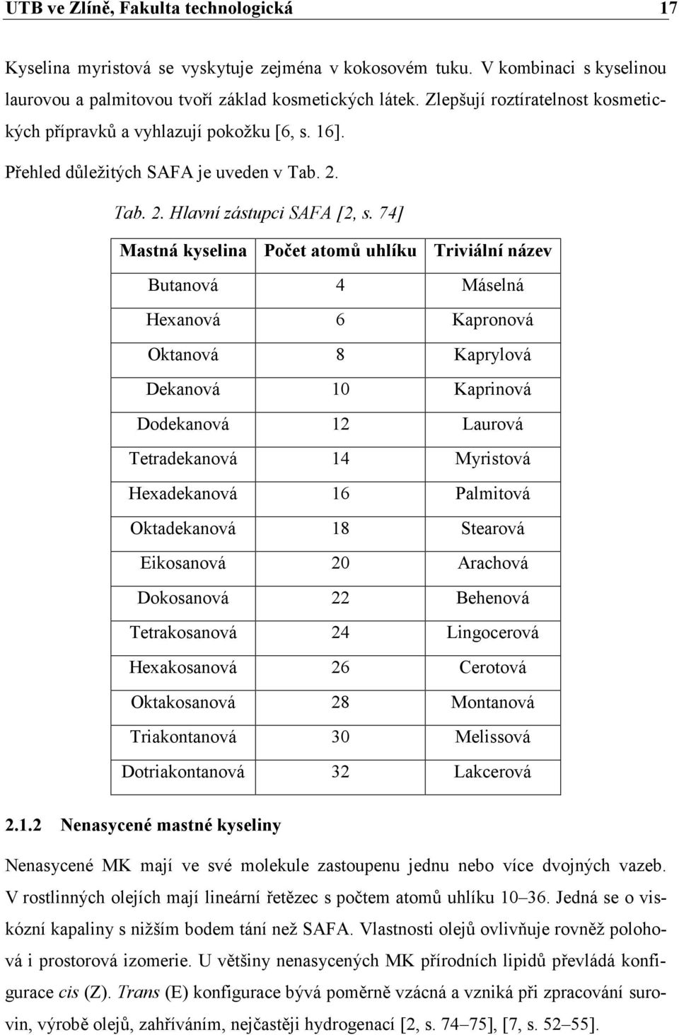 74] Mastná kyselina Počet atomů uhlíku Triviální název Butanová 4 Máselná Hexanová 6 Kapronová Oktanová 8 Kaprylová Dekanová 10 Kaprinová Dodekanová 12 Laurová Tetradekanová 14 Myristová Hexadekanová