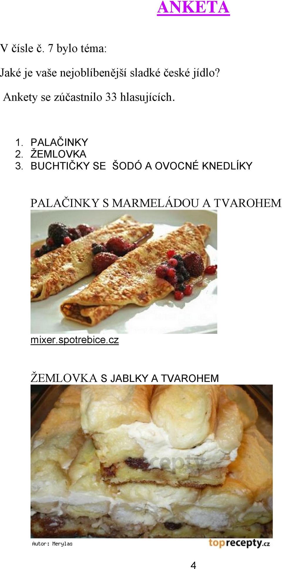 Ankety se zúčastnilo 33 hlasujících. 1. PALAČINKY 2. ŽEMLOVKA 3.