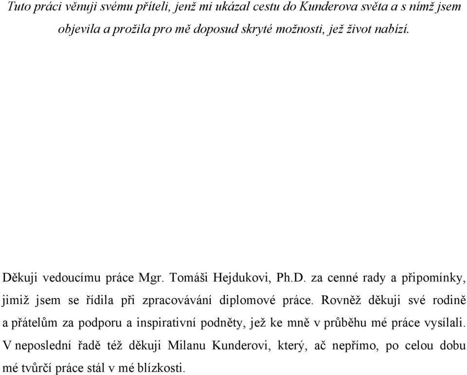 Rovněž děkuji své rodině a přátelům za podporu a inspirativní podněty, jež ke mně v průběhu mé práce vysílali.