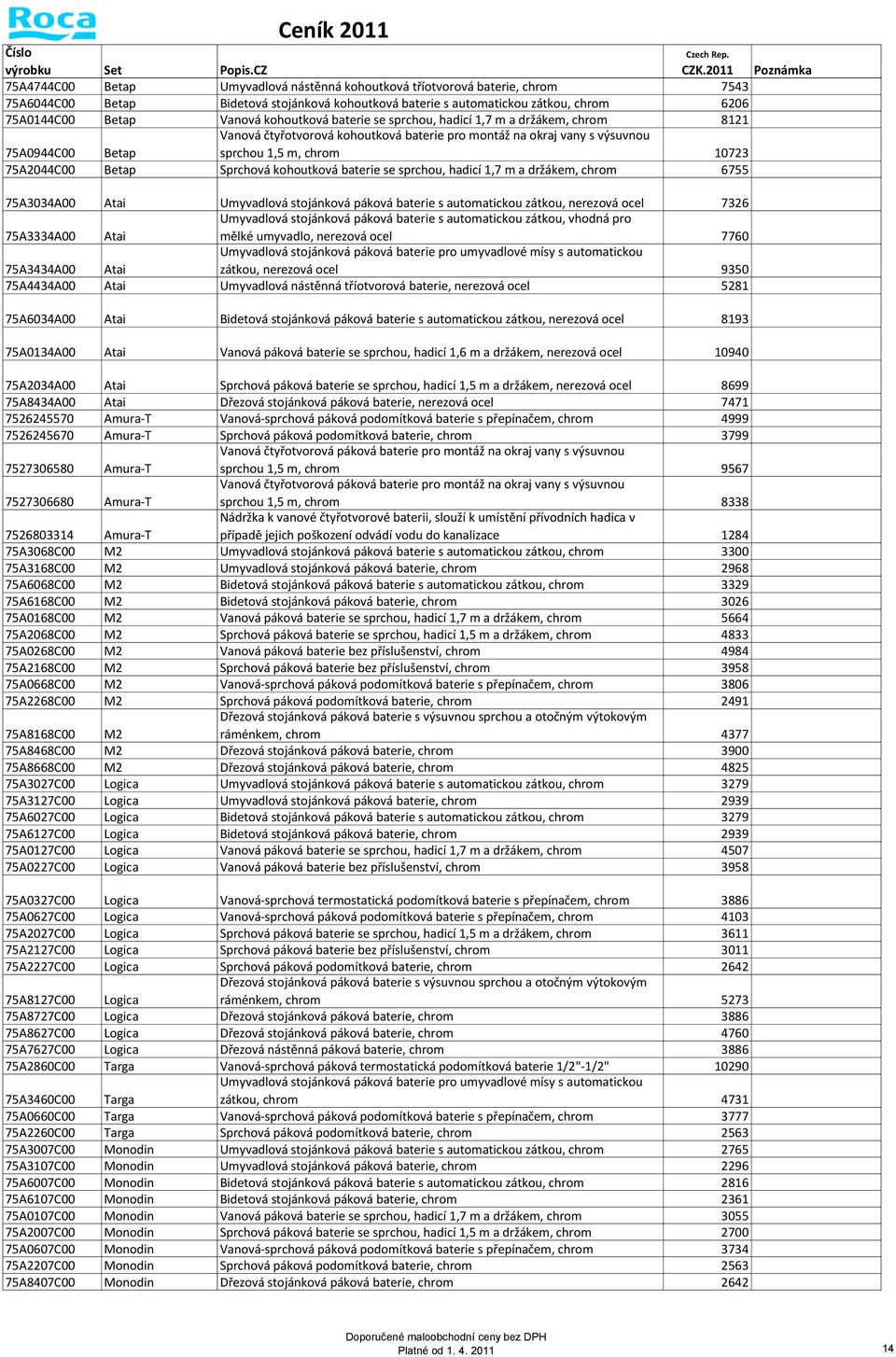 Betap Sprchová kohoutková baterie se sprchou, hadicí 1,7 m a držákem, chrom 6755 75A3034A00 Atai Umyvadlová stojánková páková baterie s automatickou zátkou, nerezová ocel 7326 75A3334A00 Atai