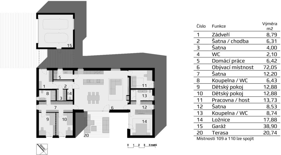 Koupelna / WC 6,43 9 Dětský pokoj 12,88 10 Dětský pokoj 12,88 11 Pracovna / host 13,73 12 Šatna