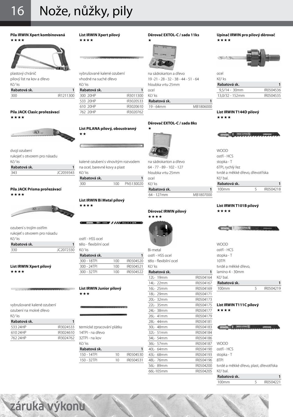 MB1806000 Děrovač EXTOL-C / sada 8ks 9,5/14-30mm IR0504536 13,0/32-152mm IR0504535 List IRWIN T144D pilový dvojí ozubení rukojeť s otvorem pro násadu 343 JC2059343 Pila JACK Prisma prořezávací kalené