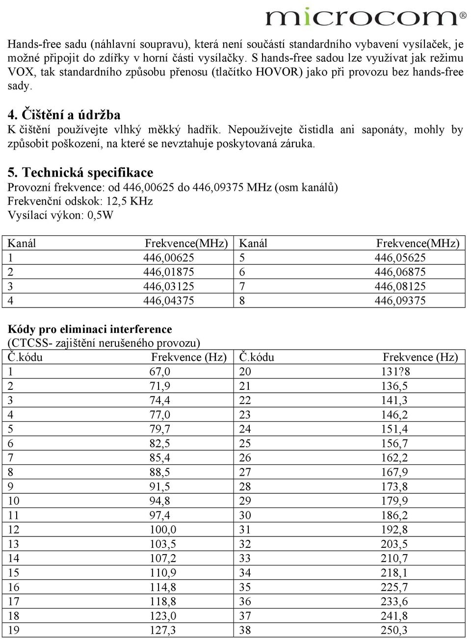 Nepoužívejte čistidla ani saponáty, mohly by způsobit poškození, na které se nevztahuje poskytovaná záruka. 5.