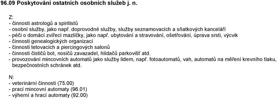 ubytování a stravování, ošetřování, úprava srsti, výcvik - činnosti genealogických organizací - činnosti tetovacích a piercingových salonů - činnosti čističů bot,