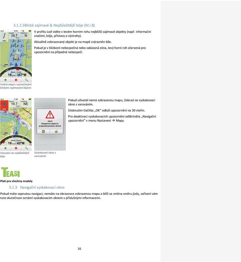 Vodná mapa s vyznačenými blízkými zajímavými bójemi Pokud uživatel nemá zobrazenou mapu, Zobrazí se vyskakovací okno s varováním. Stisknutím tlačítka OK odloží upozornění na 30 vteřin.