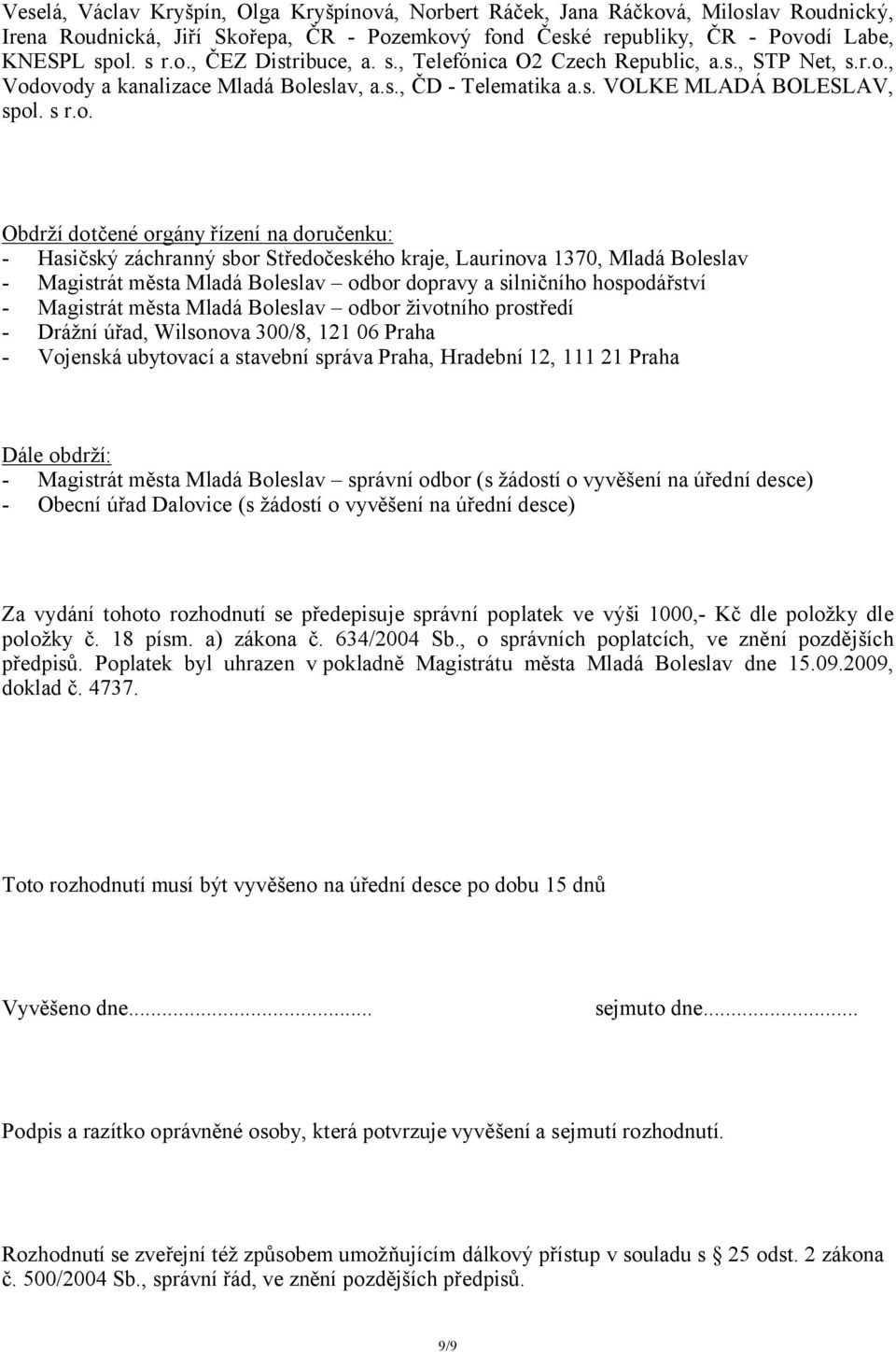 , Vodovody a kanalizace Mladá Boleslav, a.s., ČD - Telematika a.s. VOLKE MLADÁ BOLESLAV, spol. s r.o. Obdrží dotčené orgány řízení na doručenku: - Hasičský záchranný sbor Středočeského kraje,