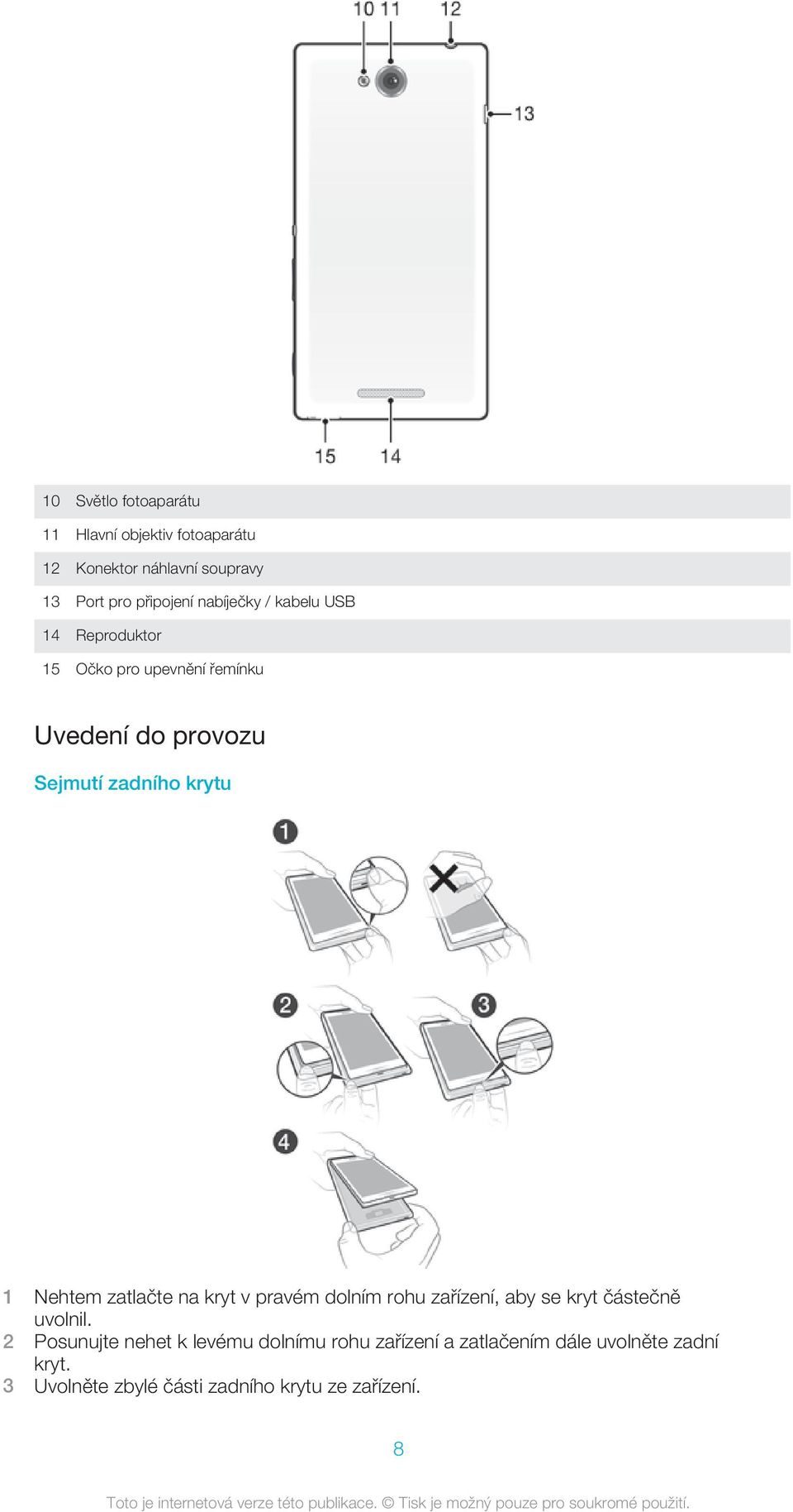 Nehtem zatlačte na kryt v pravém dolním rohu zařízení, aby se kryt částečně uvolnil.