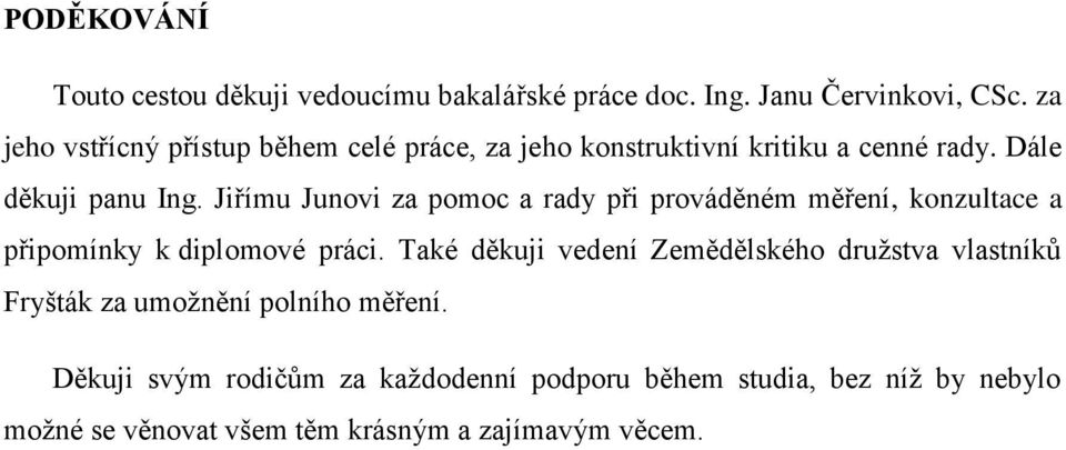 Jiřímu Junovi za pomoc a rady při prováděném měření, konzultace a připomínky k diplomové práci.