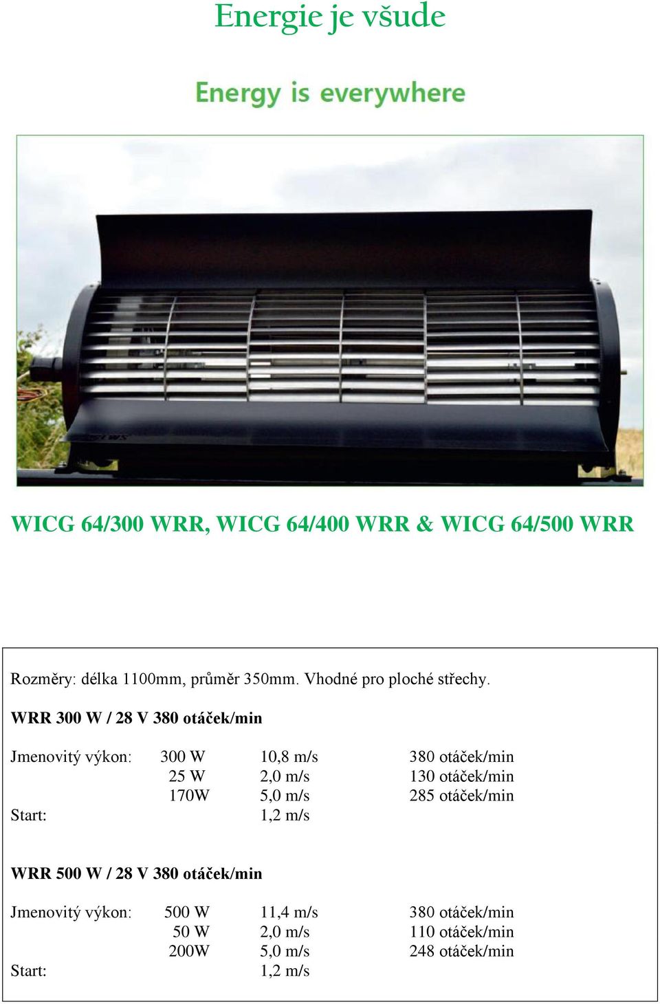 WRR 300 W / 28 V 380 otáček/min Jmenovitý výkon: 300 W 10,8 m/s 380 otáček/min 25 W 2,0 m/s 130