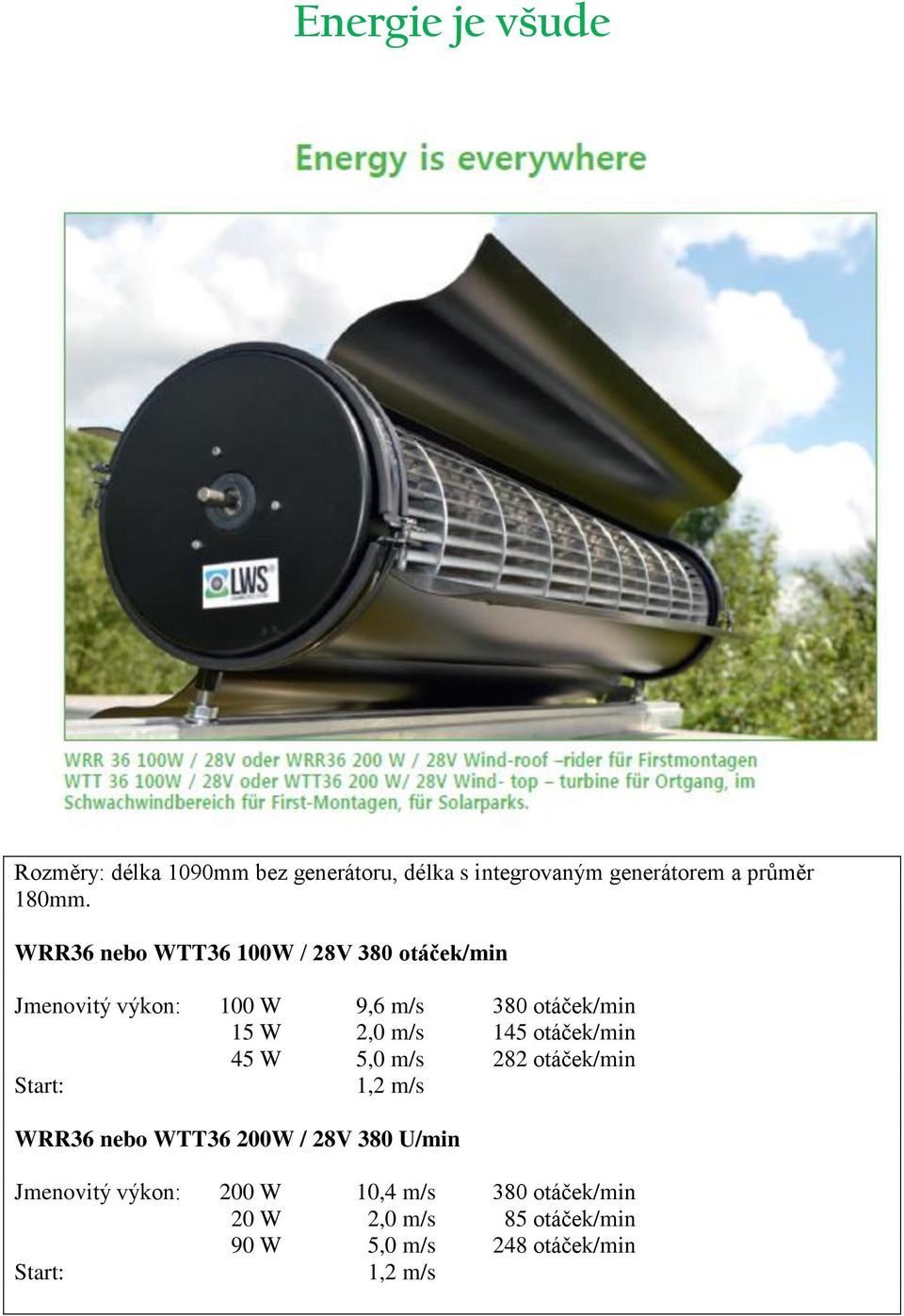 m/s 145 otáček/min 45 W 5,0 m/s 282 otáček/min Start: 1,2 m/s WRR36 nebo WTT36 200W / 28V 380 U/min