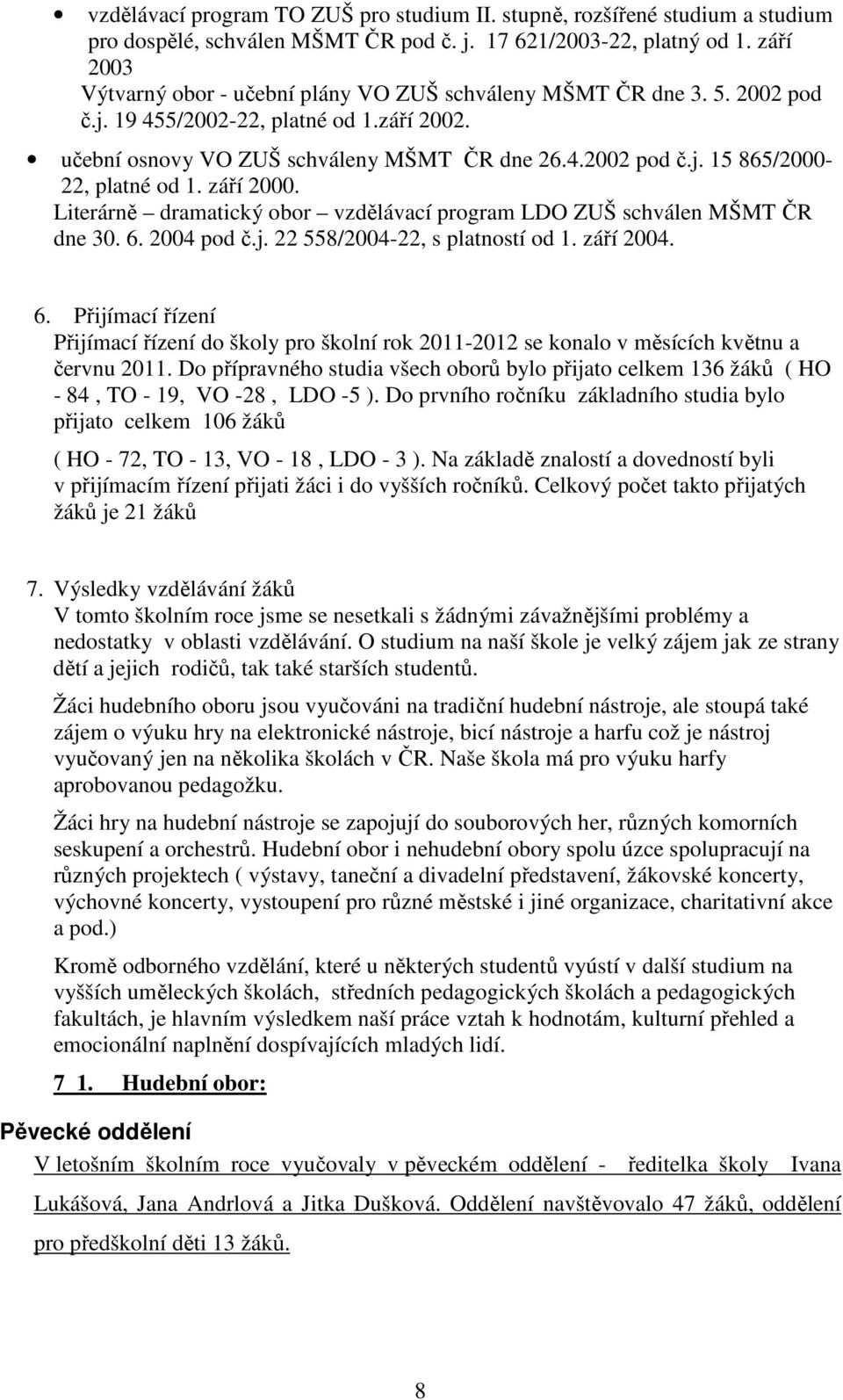 září 2000. Literárně dramatický obor vzdělávací program LDO ZUŠ schválen MŠMT ČR dne 30. 6.