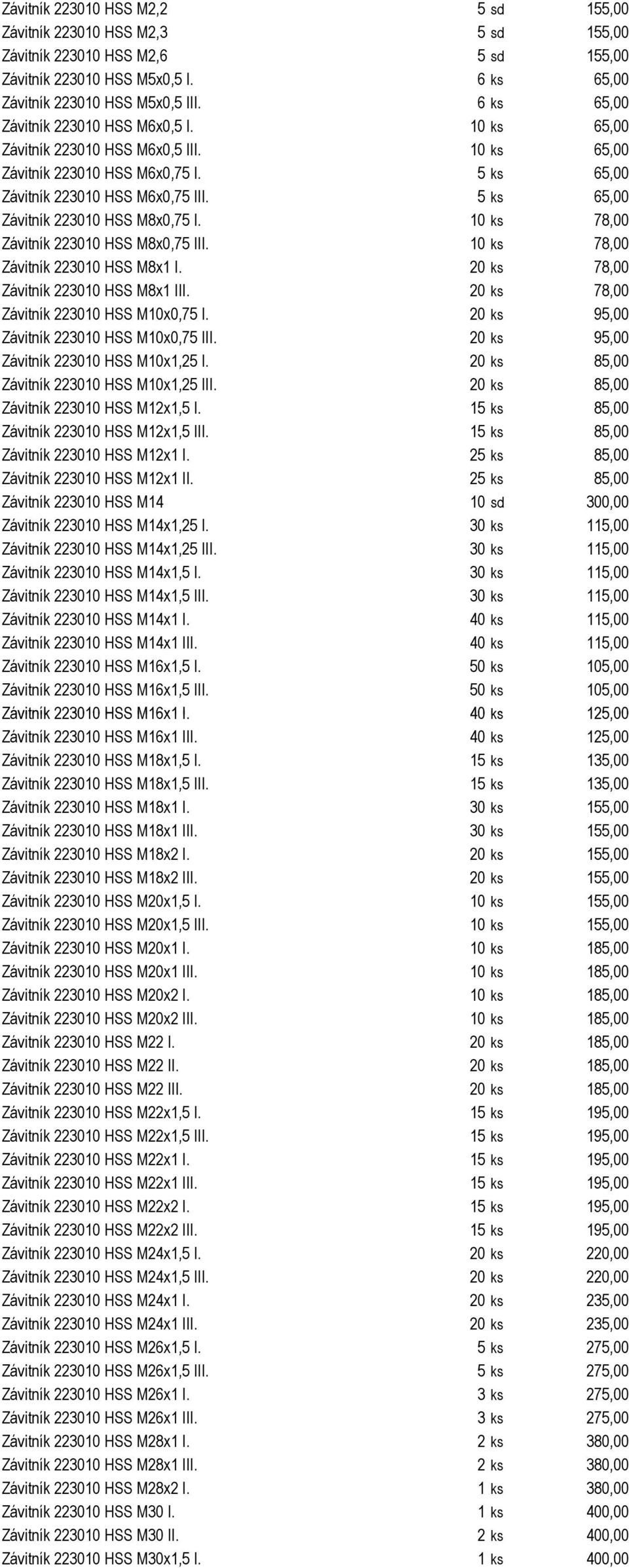 Závitník 223010 HSS M10x0,75 I. Závitník 223010 HSS M10x0,75 III. Závitník 223010 HSS M10x1,25 I. Závitník 223010 HSS M10x1,25 III. Závitník 223010 HSS M12x1,5 I. Závitník 223010 HSS M12x1,5 III.