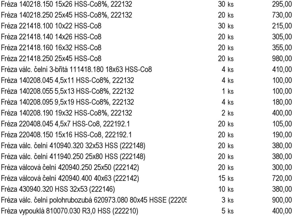 095 9,5x19 HSS-Co8%, 222132 Fréza 140208.190 19x32 HSS-Co8%, 222132 Fréza 220408.045 4,5x7 HSS-Co8, 222192.1 Fréza 220408.150 15x16 HSS-Co8, 222192.1 Fréza válc. čelní 410940.