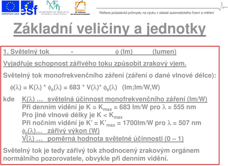 monofrekvenčního záření (lm/w) Při denním vidění je K = K max = 683 lm/w pro λ = 555 nm Pro jiné vlnové délky je K < K max Při nočním vidění je K = K max =