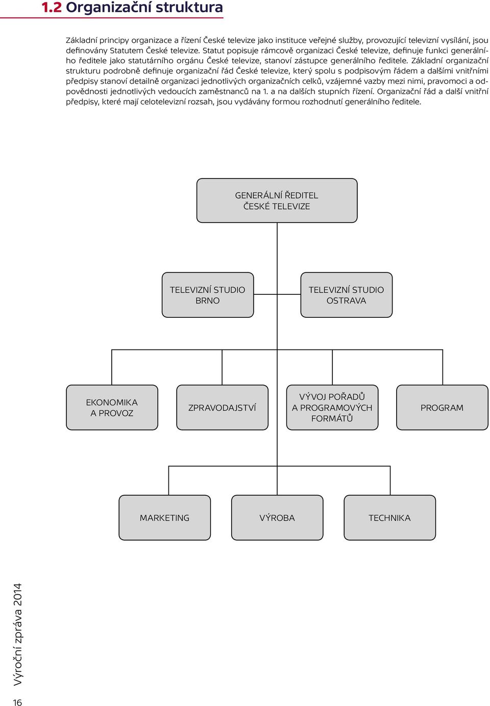 Základní organizační strukturu podrobně definuje organizační řád České televize, který spolu s podpisovým řádem a dalšími vnitřními předpisy stanoví detailně organizaci jednotlivých organizačních