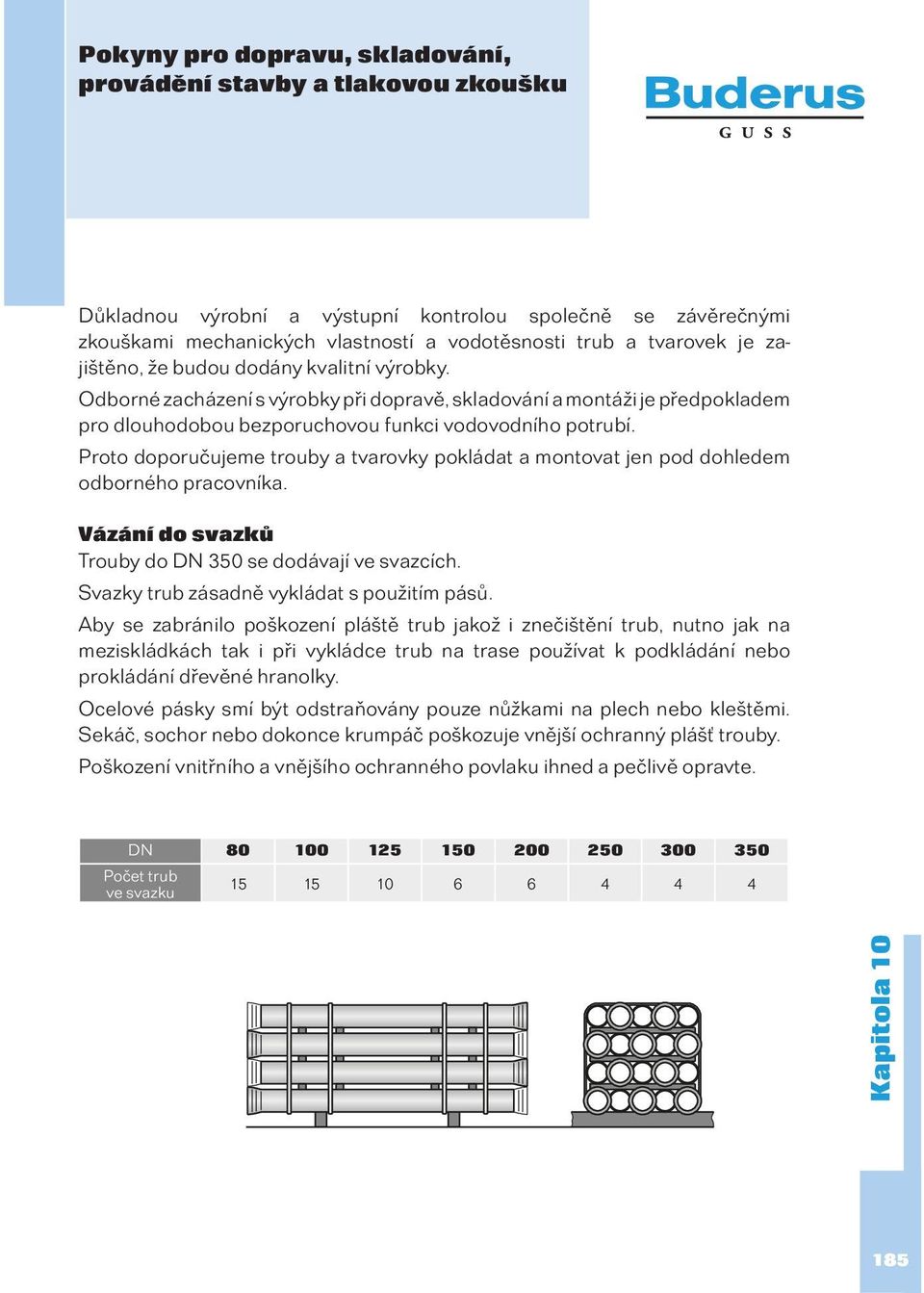 Proto doporučujeme trouby a tvarovky pokládat a montovat jen pod dohledem odborného pracovníka. Vázání do svazků Trouby do DN 350 se dodávají ve svazcích. Svazky trub zásadně vykládat s použitím pásů.