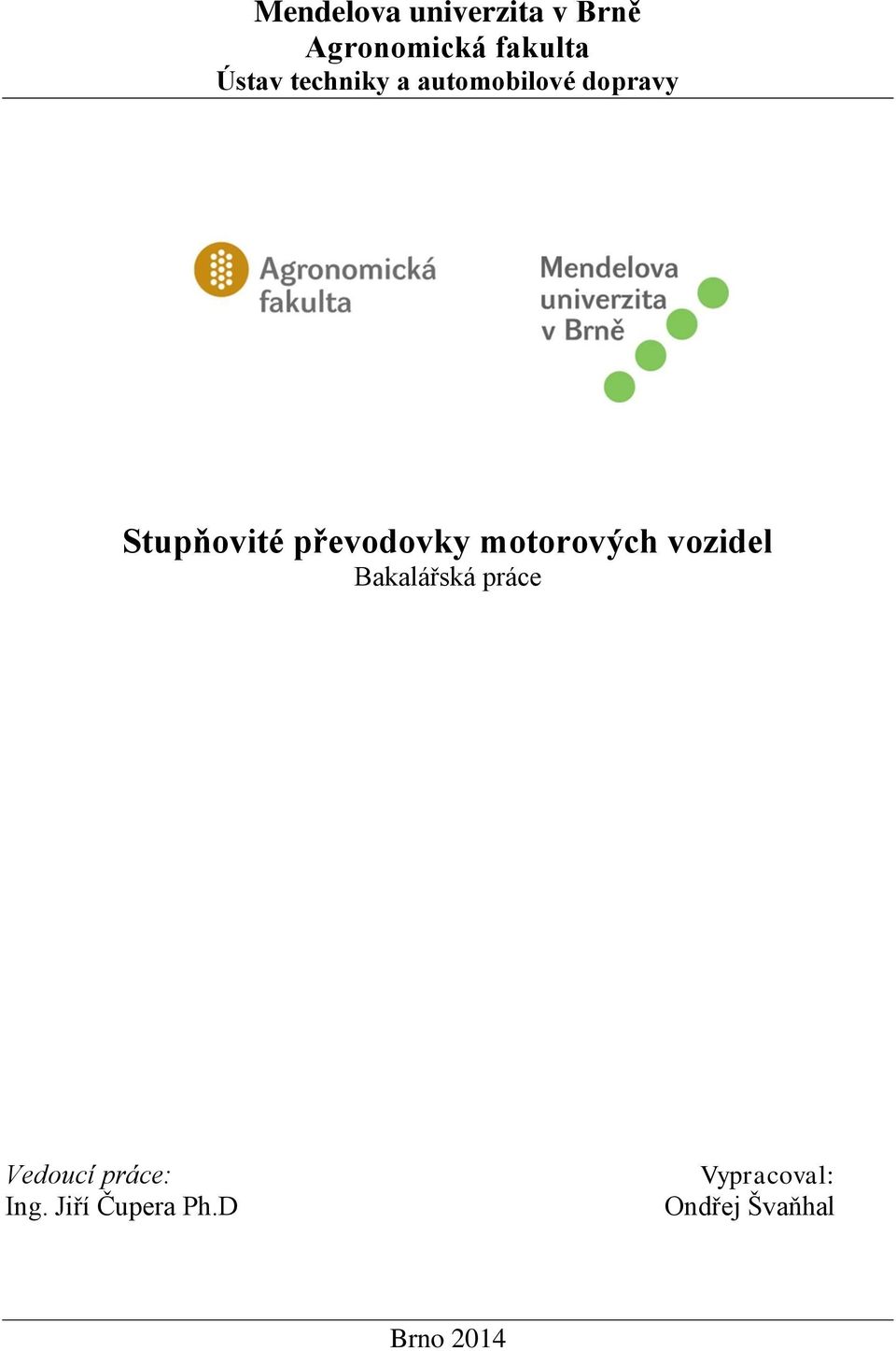 motorových vozidel Bakalářská práce Vedoucí práce: Ing.