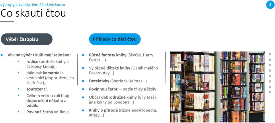 Různé fantasy knihy (Škyťák, Harry Potter ) Vyloženě dětské knihy (Deník malého Poseroutky ) Detektivky (Sherlock Holmes ) Povinnou četbu podle