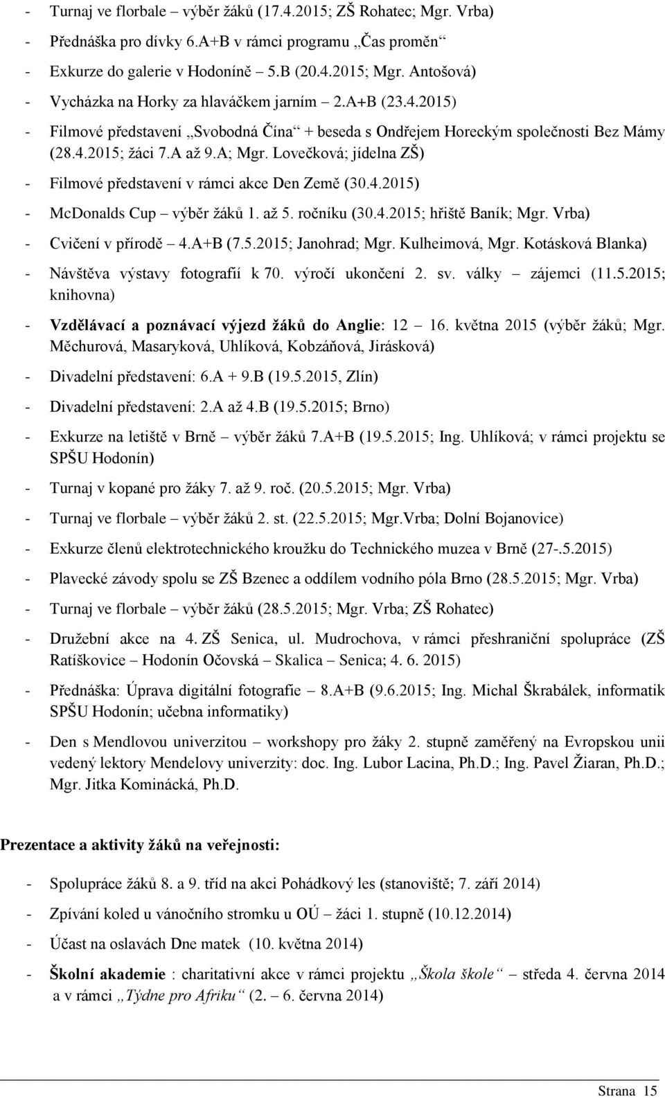 Lovečková; jídelna ZŠ) - Filmové představení v rámci akce Den Země (30.4.2015) - McDonalds Cup výběr žáků 1. až 5. ročníku (30.4.2015; hřiště Baník; Mgr. Vrba) - Cvičení v přírodě 4.A+B (7.5.2015; Janohrad; Mgr.