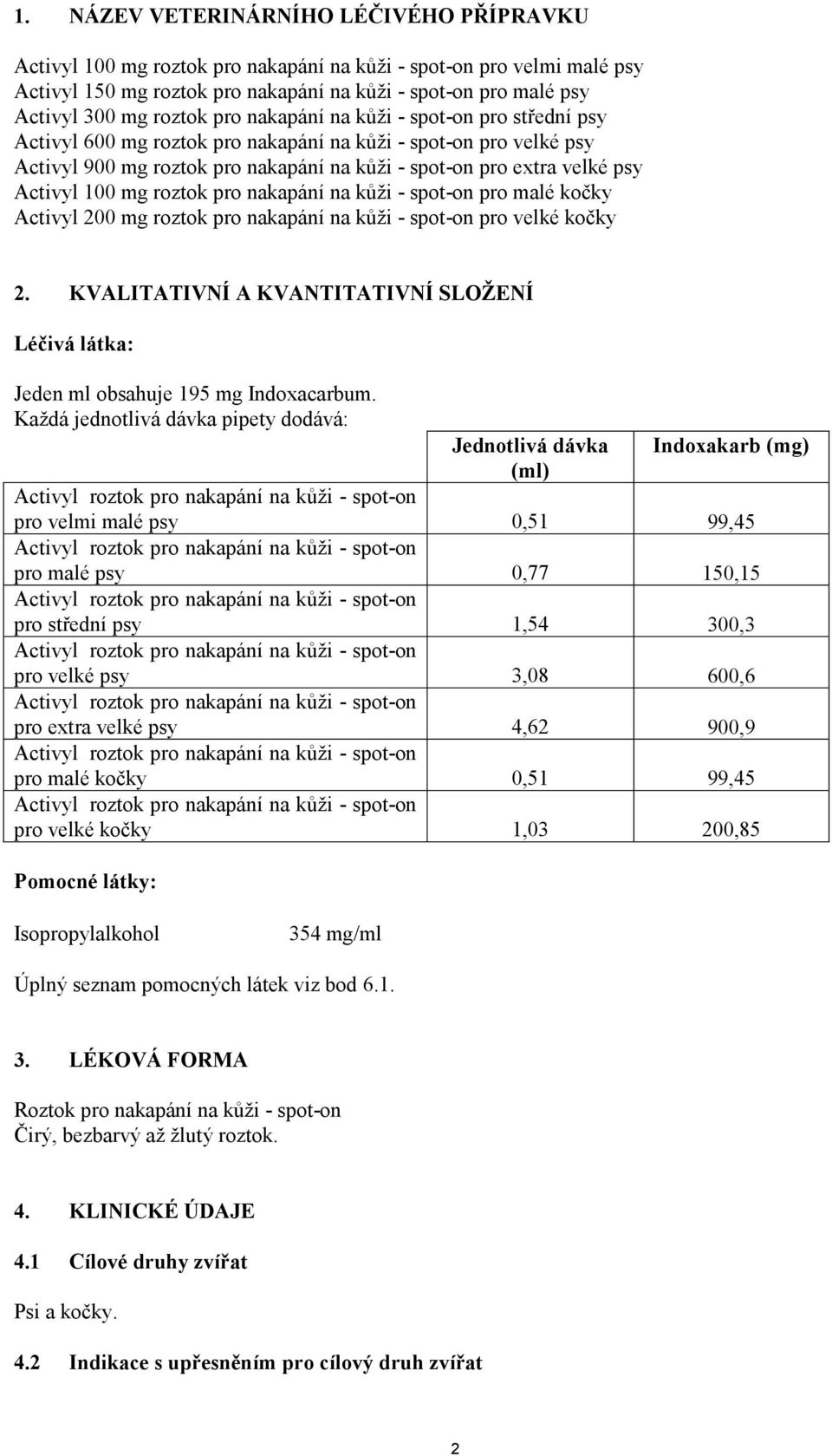 Activyl 100 mg roztok pro nakapání na kůži - spot-on pro malé kočky Activyl 200 mg roztok pro nakapání na kůži - spot-on pro velké kočky 2.