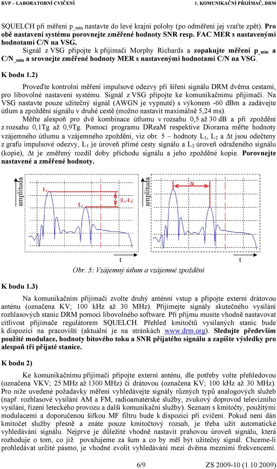 2) Proveďte kontrolní měření impulsové odezvy při šíření signálu DRM dvěma cestami, pro libovolné nastavení systému. Signál z VSG připojte ke komunikačnímu přijímači.