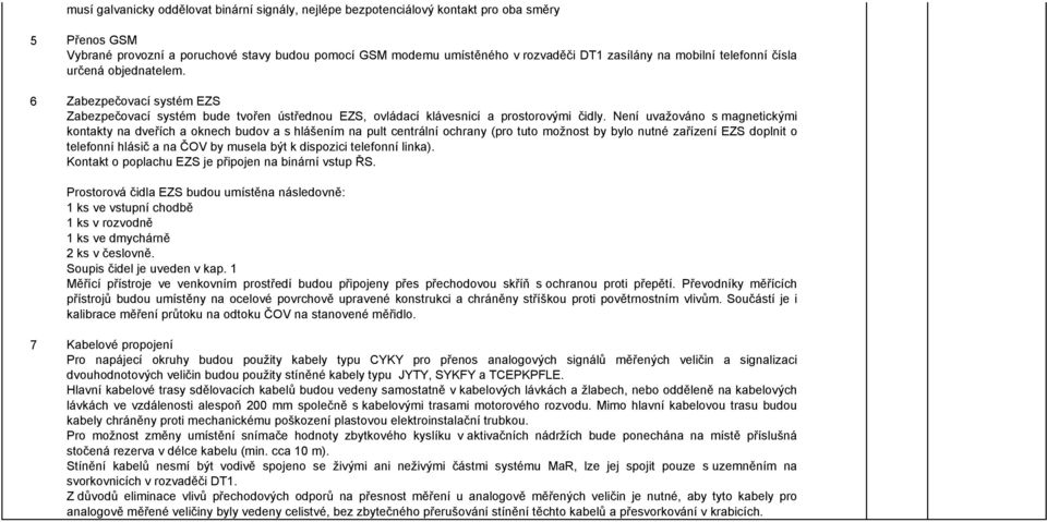 Není uvažováno s magnetickými kontakty na dveřích a oknech budov a s hlášením na pult centrální ochrany (pro tuto možnost by bylo nutné zařízení EZS doplnit o telefonní hlásič a na ČOV by musela být