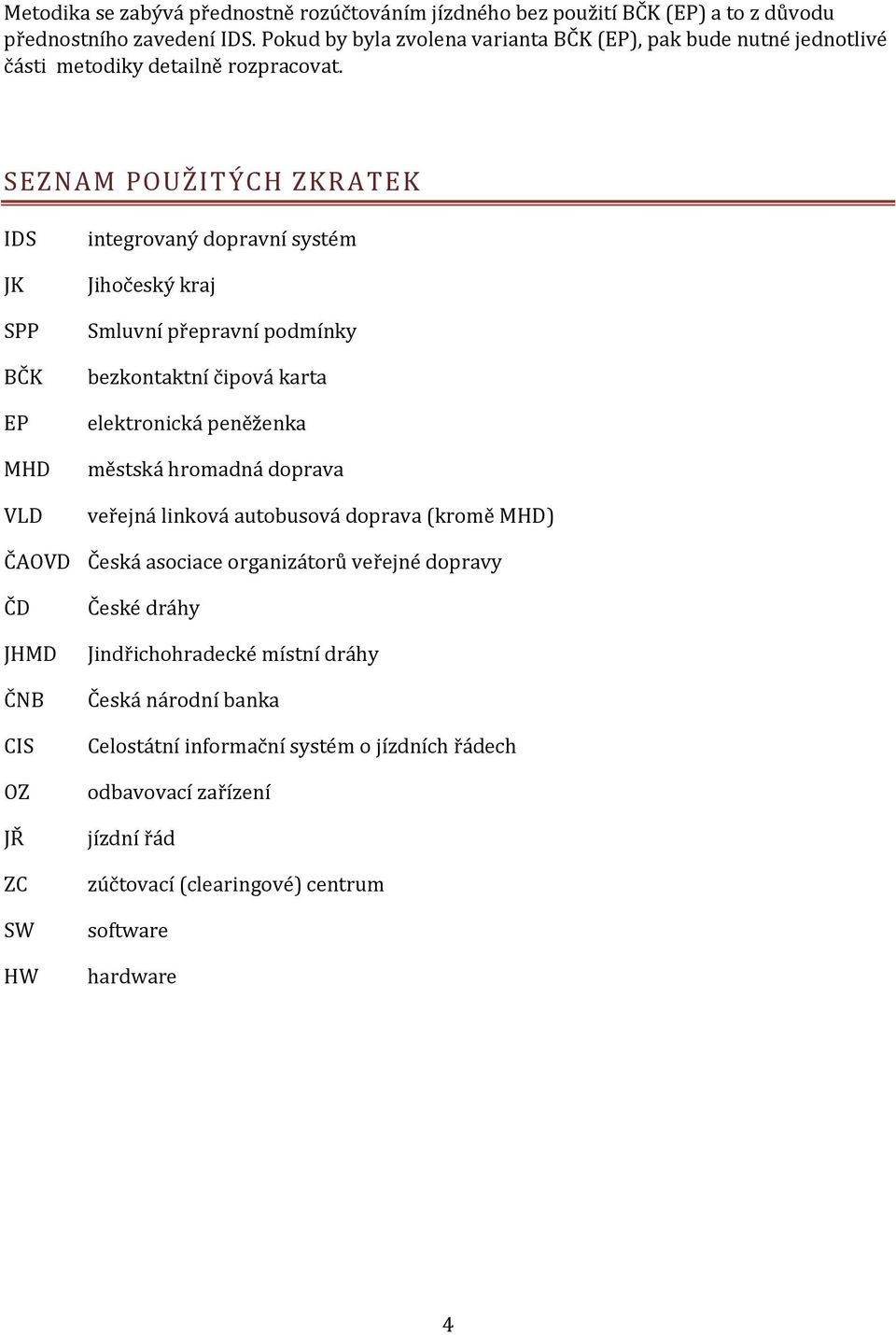 SEZNAM POUŽITÝCH ZKRATEK IDS JK SPP BČK EP MHD VLD integrovaný dopravní systém Jihočeský kraj Smluvní přepravní podmínky bezkontaktní čipová karta elektronická peněženka městská