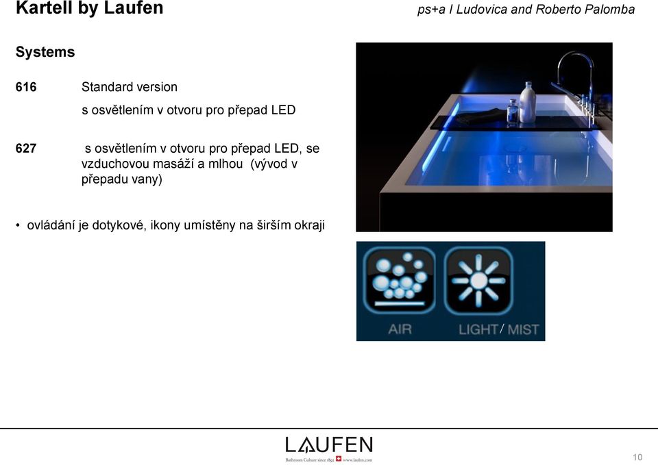 LED, se vzduchovou masáží a mlhou (vývod v přepadu