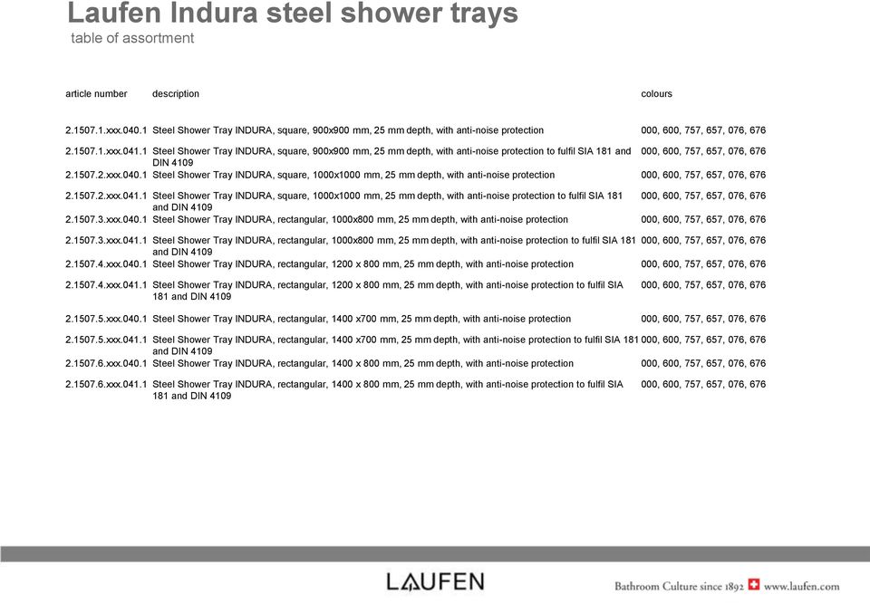 1 Steel Shower Tray INDURA, square, 900x900 mm, 25 mm depth, with anti-noise protection to fulfil SIA 181 and 000, 600, 757, 657, 076, 676 DIN 4109 2.1507.2.xxx.040.