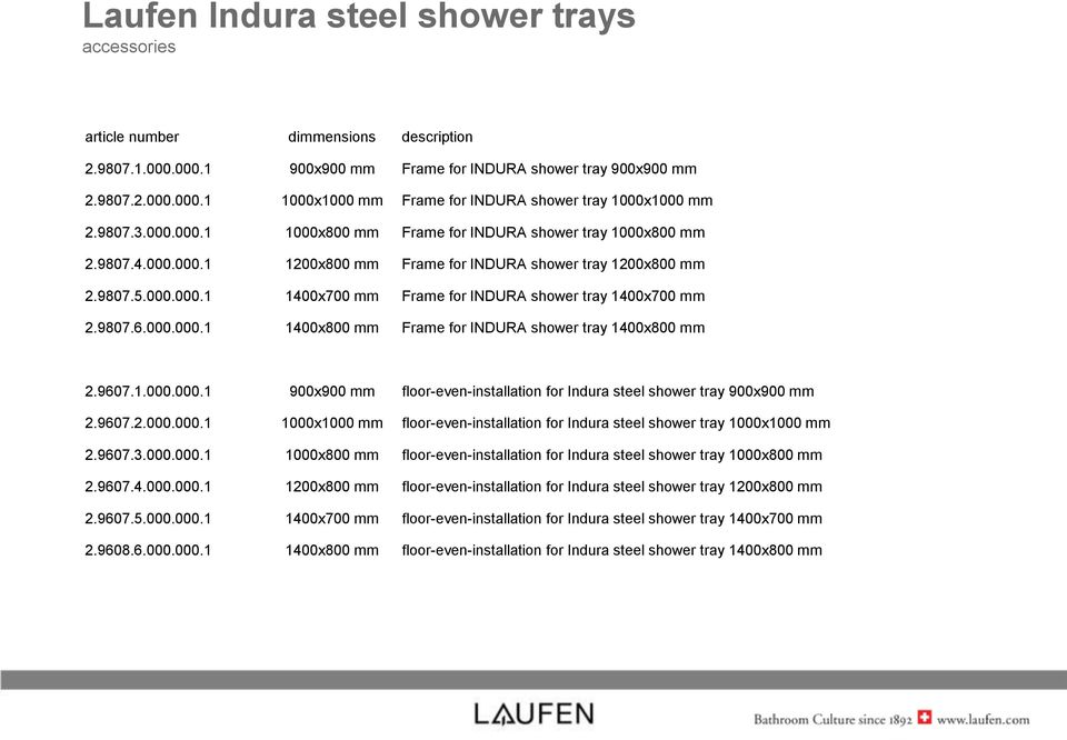 9807.6.000.000.1 1400x800 mm Frame for INDURA shower tray 1400x800 mm 2.9607.1.000.000.1 900x900 mm floor-even-installation for Indura steel shower tray 900x900 mm 2.9607.2.000.000.1 1000x1000 mm floor-even-installation for Indura steel shower tray 1000x1000 mm 2.