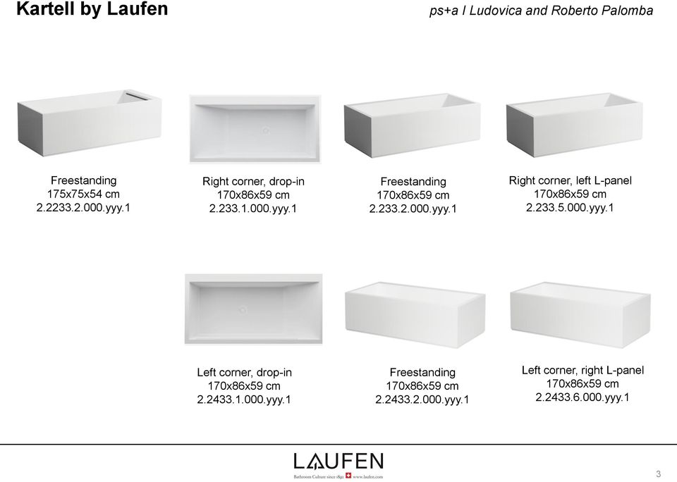 2433.1.000.yyy.1 Freestanding 170x86x59 cm 2.2433.2.000.yyy.1 Left corner, right L-panel 170x86x59 cm 2.