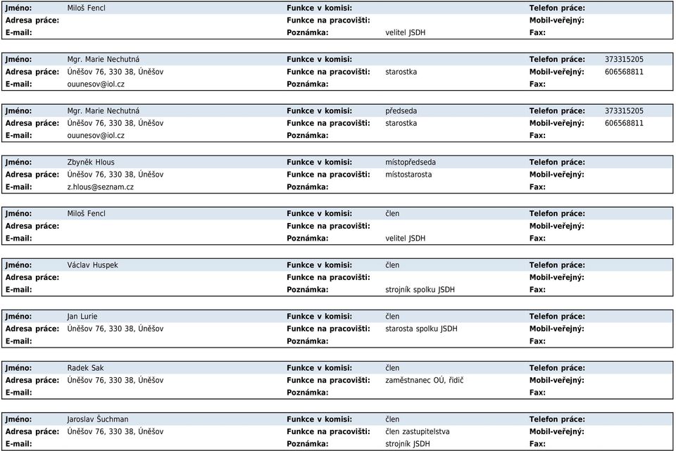 Marie Nechutná Funkce v komisi: předseda Telefon práce: 373315205 Adresa práce: Úněšov 76, 330 38, Úněšov Funkce na pracovišti: starostka Mobil-veřejný: 606568811 ouunesov@iol.