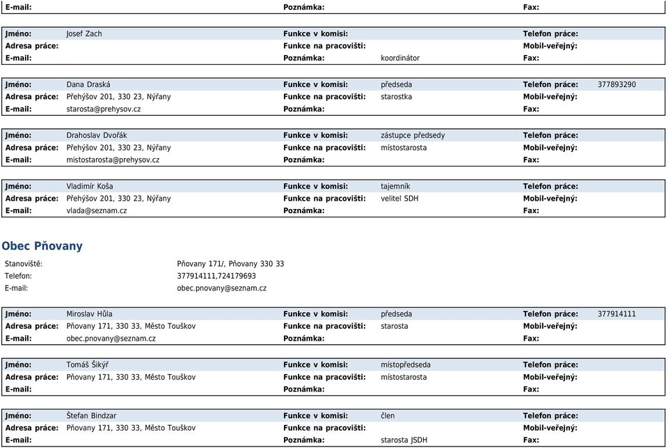 cz Poznámka: Fax: Jméno: Drahoslav Dvořák Funkce v komisi: zástupce předsedy Telefon práce: Adresa práce: Přehýšov 201, 330 23, Nýřany Funkce na pracovišti: místostarosta Mobil-veřejný: