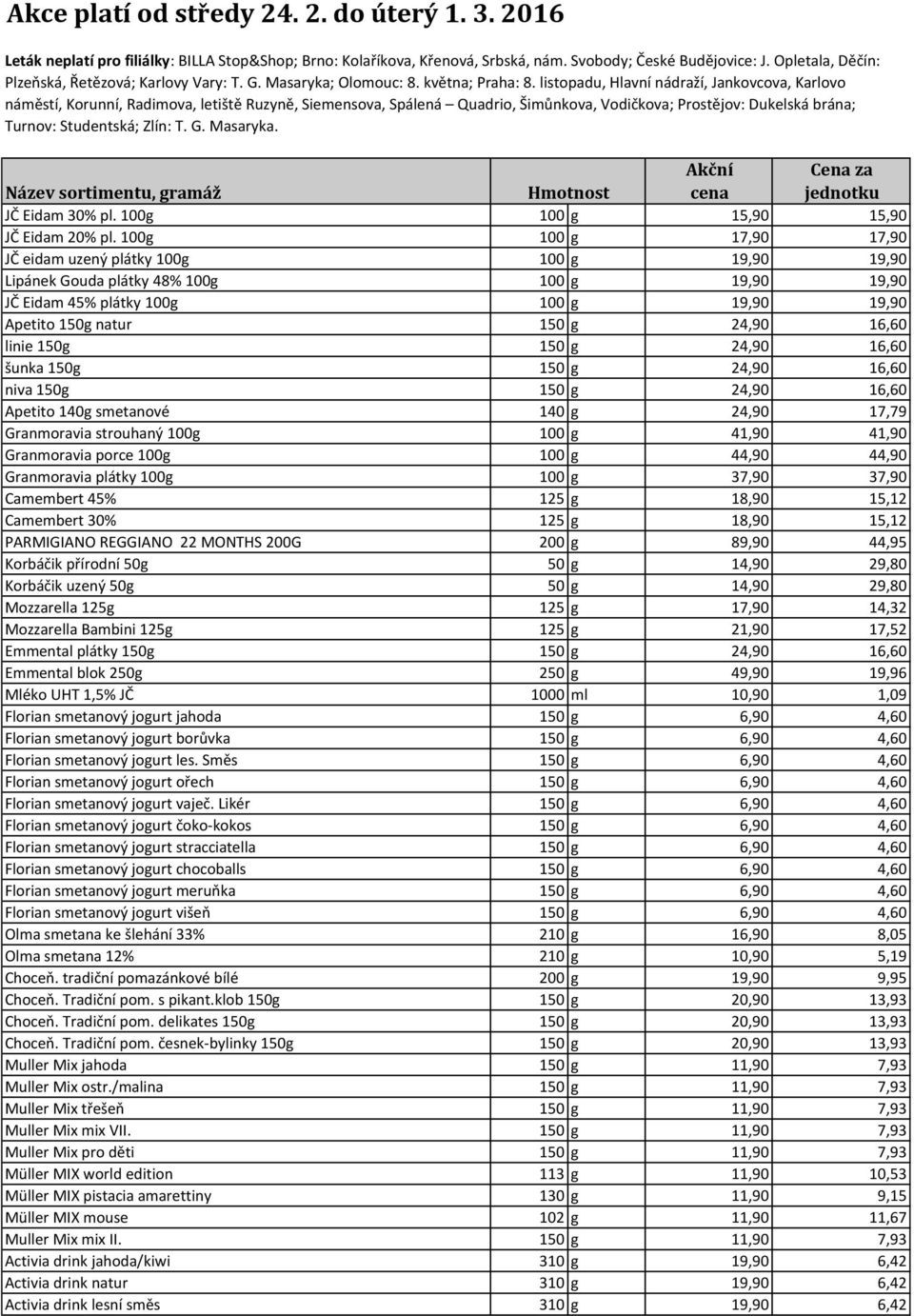 listopadu, Hlavní nádraží, Jankovcova, Karlovo náměstí, Korunní, Radimova, letiště Ruzyně, Siemensova, Spálená Quadrio, Šimůnkova, Vodičkova; Prostějov: Dukelská brána; Turnov: Studentská; Zlín: T. G.
