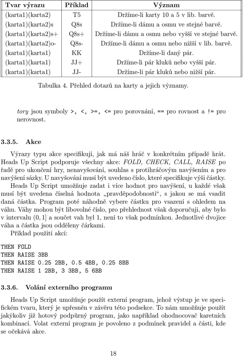 (karta1)(karta1) JJ+ Držíme-li pár kluků nebo vyšší pár. (karta1)(karta1) JJ- Držíme-li pár kluků nebo nižší pár. Tabulka 4. Přehled dotazů na karty a jejich významy.