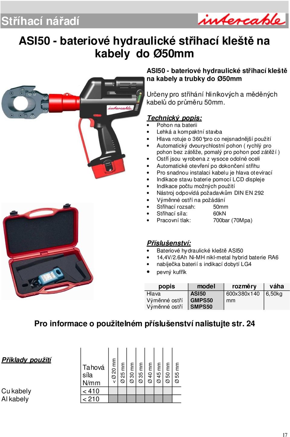 střihu Pro snadnou instalaci kabelu je hlava otevírací Indikace stavu baterie pomocí LCD displeje Indikace počtu možných použití Nástroj odpovídá požadavkům DIN EN 292 na požádání Střihací rozsah: