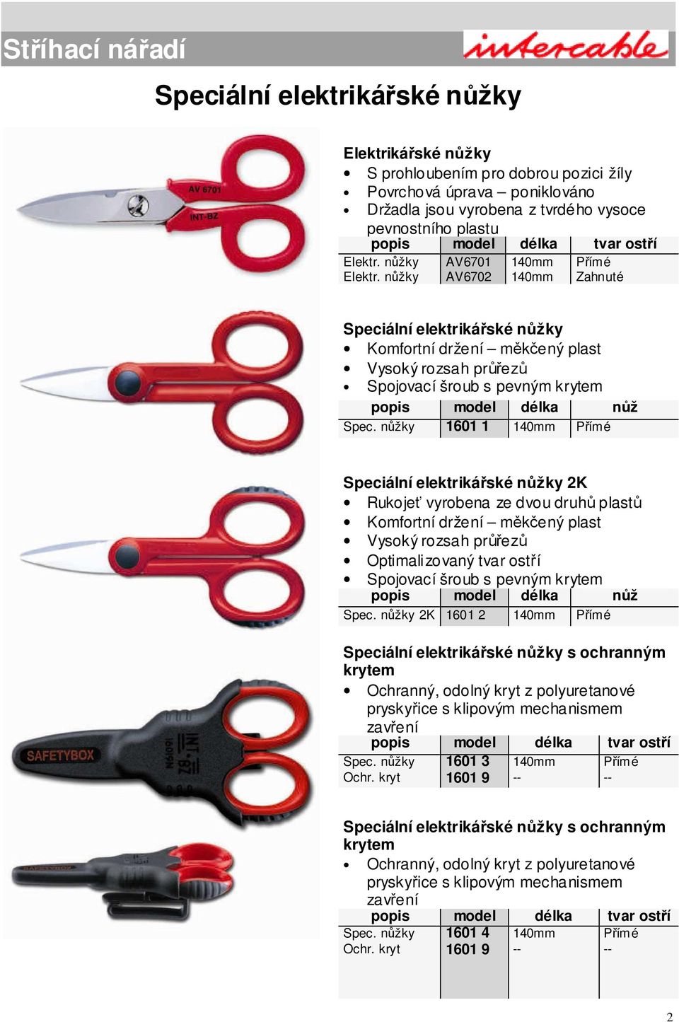 nůžky AV6701 AV6702 140mm 140mm Přímé Zahnuté Speciální elektrikářské nůžky Komfortní držení měkčený plast Vysoký rozsah průřezů Spojovací šroub s pevným krytem popis model délka nůž Spec.